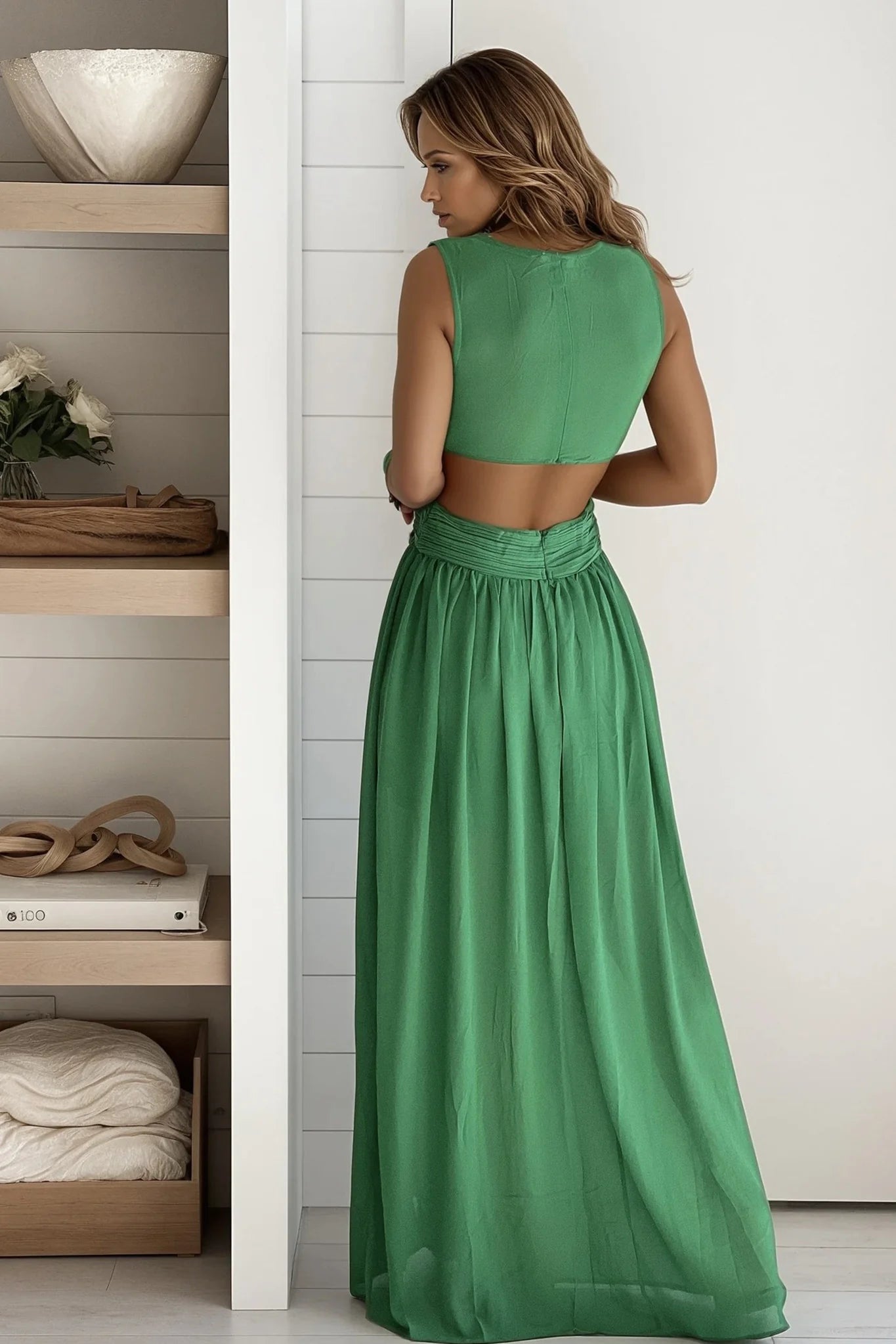 Green V Neck Maxi Dress With Slit And Pleated Top Detail