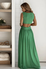 Green V Neck Maxi Dress With Slit And Pleated Top Detail