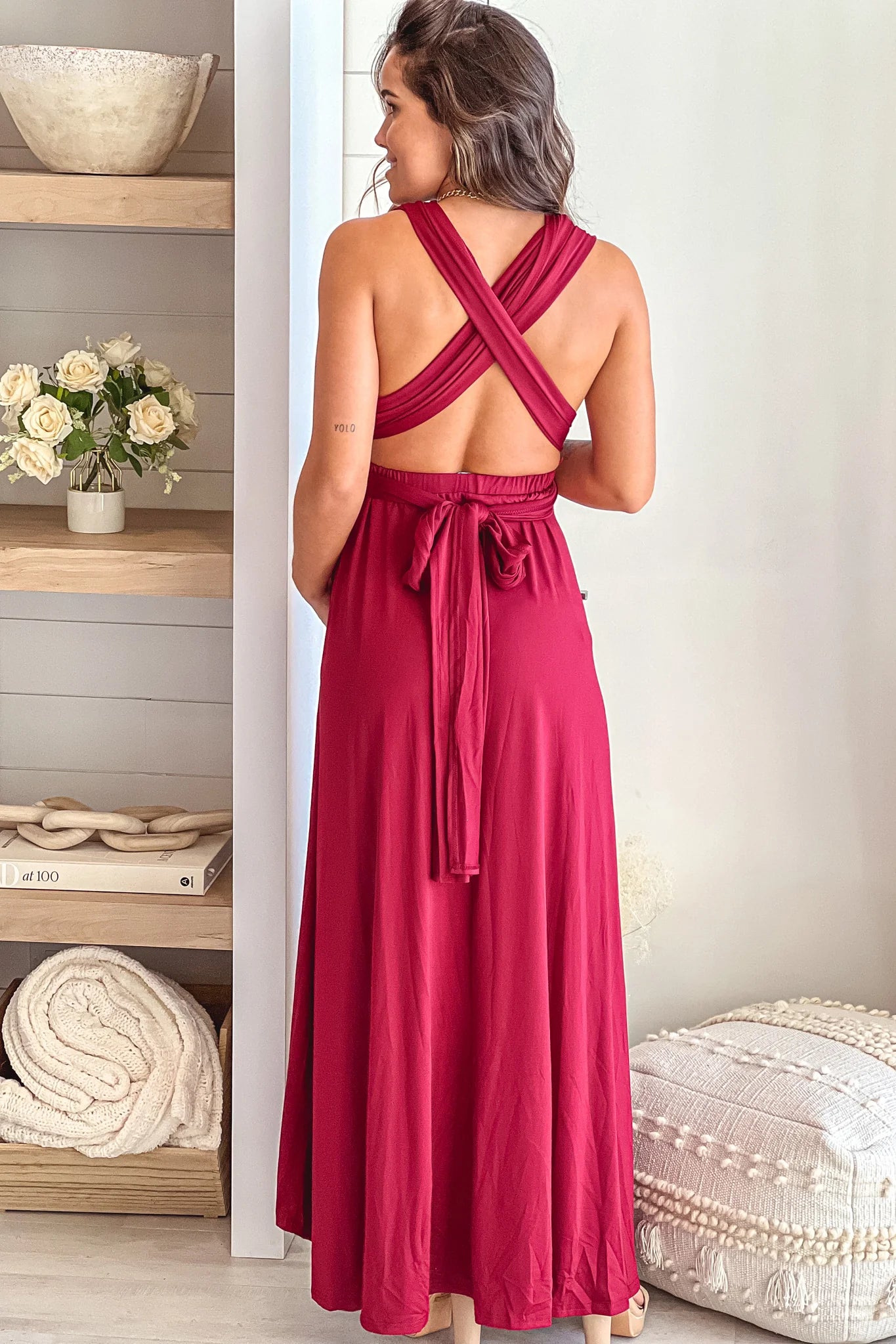 Burgundy Multi Tie Maternity Maxi Dress