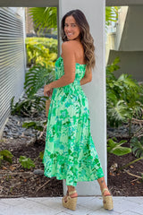 Green Floral Print High Low Dress