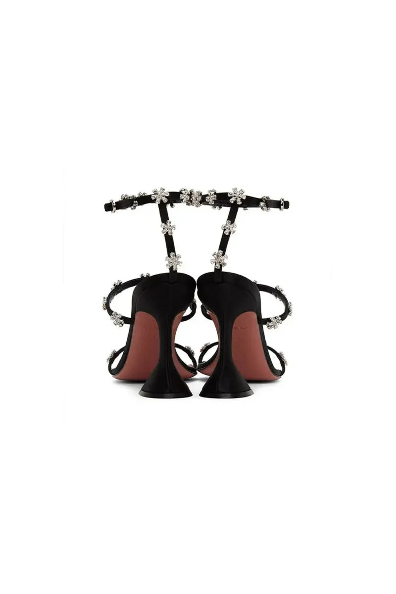 Black Ankle Straps Open Toe Chunky Heels with Flower Rhinestones