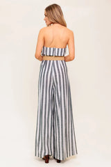 GREER STRAPLESS JUMPSUIT WHITE CHARCOAL STRIPE