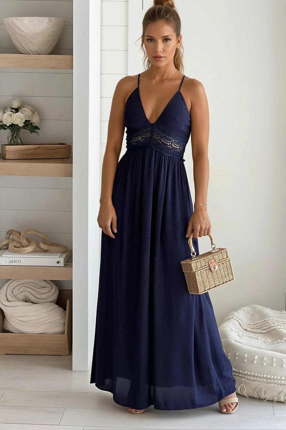 Navy Smocked Top Maxi Dress With Crochet Back