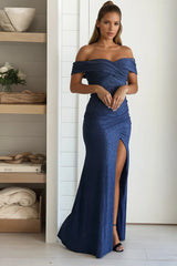 Indigo Off Shoulder Glitter Maxi Dress