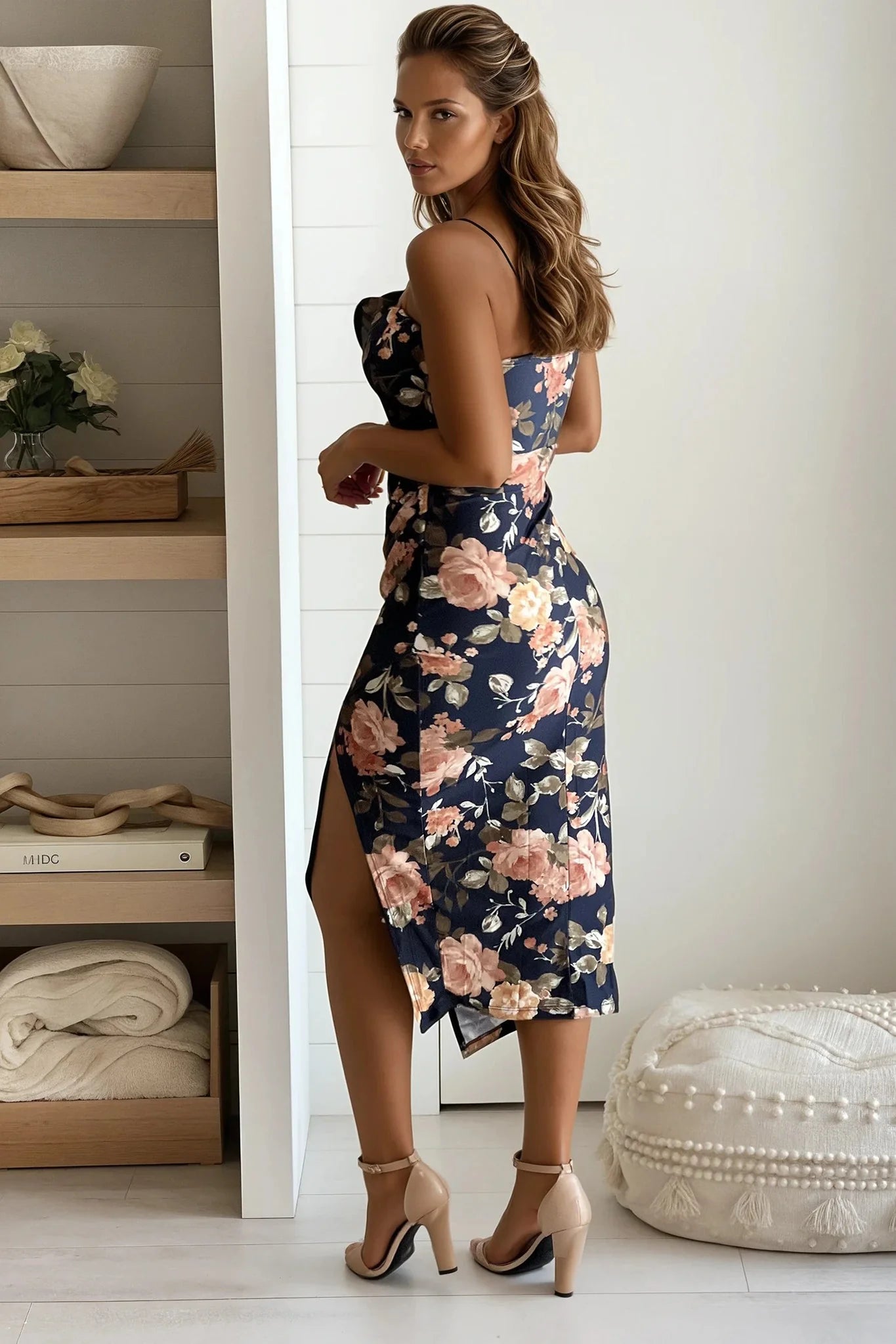 Navy Satin Floral Midi Dress