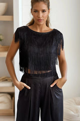 Black Tassel Top And Satin Pants Set