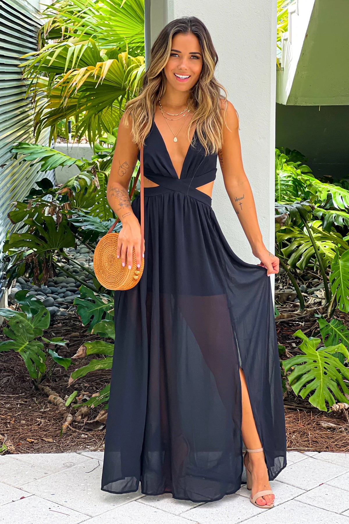 Black Cut Out Maxi Dress With Criss Cross Back