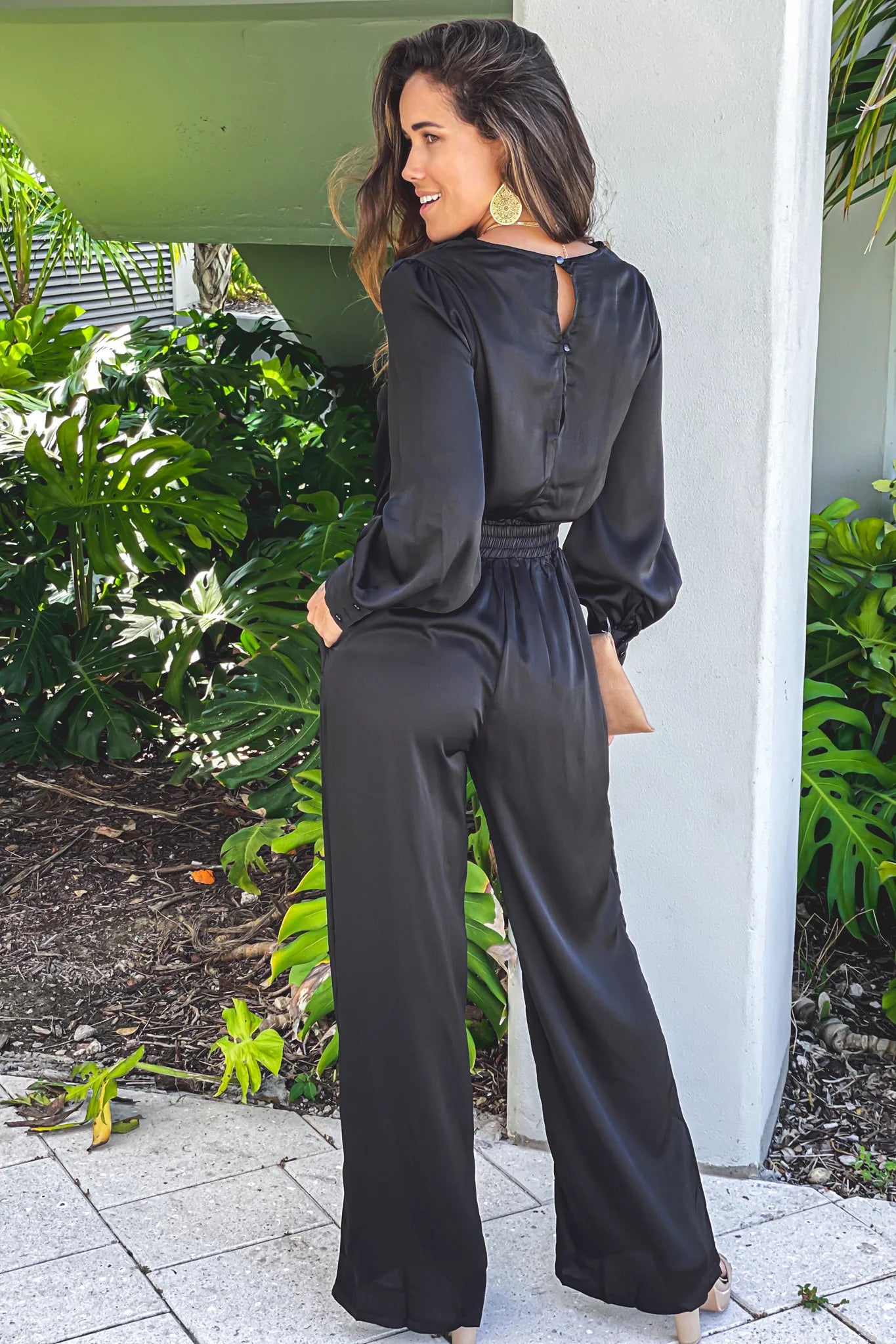 Black Satin Jumpsuit With Puff Sleeves