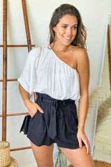 White And Black One Shoulder Romper With Pockets