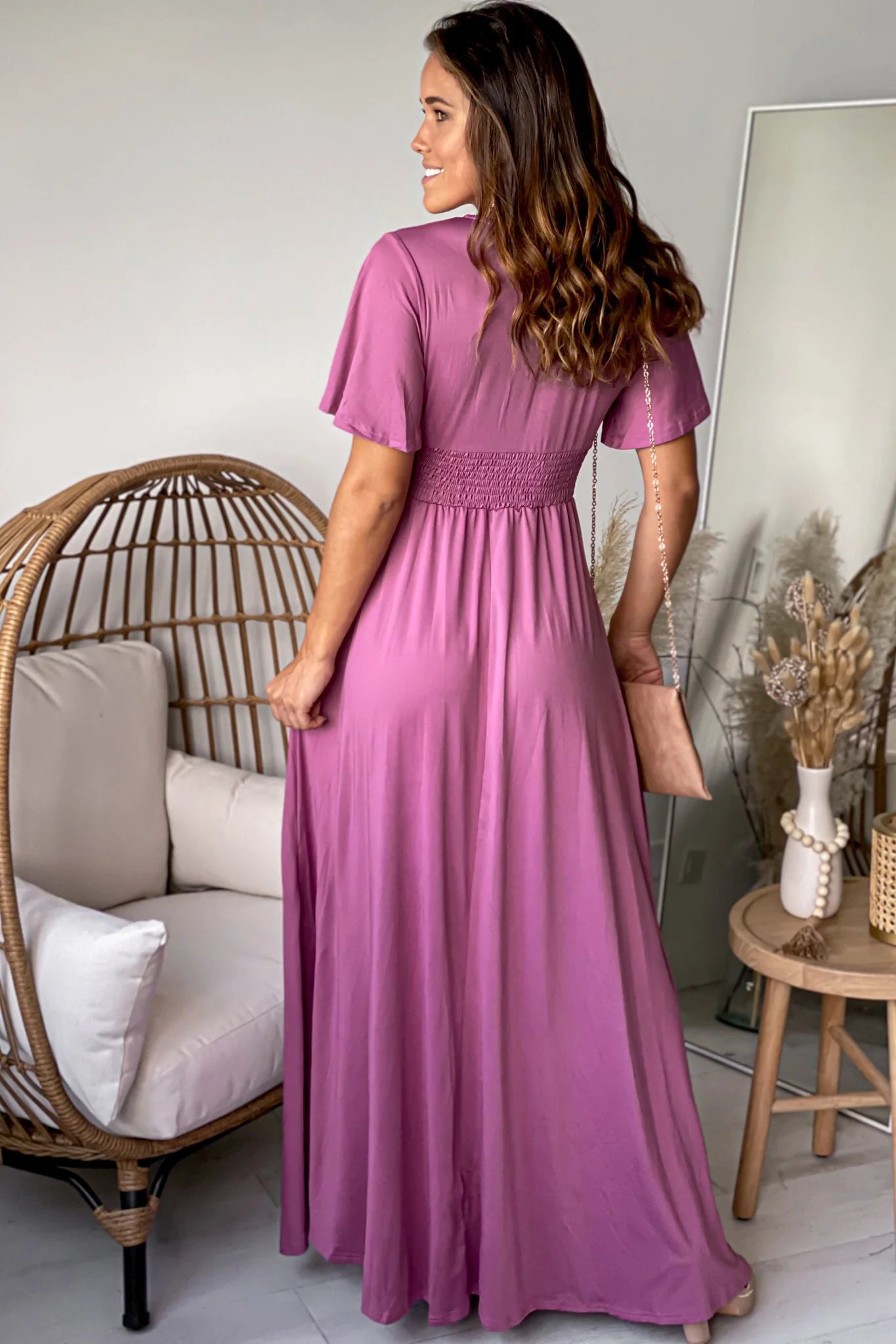 Mauve V Neck Maxi Dress With Short Sleeves