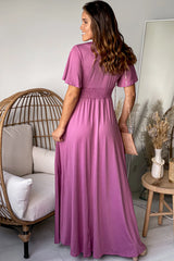 Mauve V Neck Maxi Dress With Short Sleeves