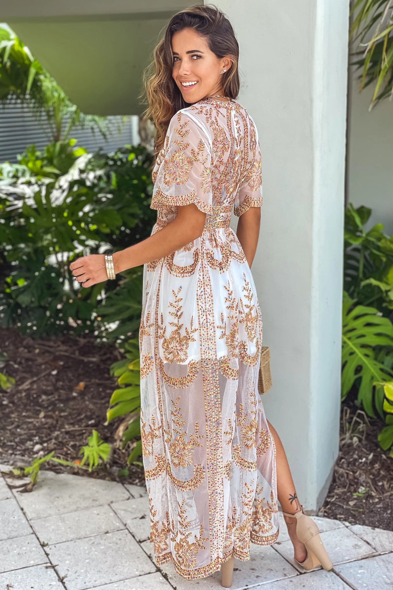 White Multi Color Lace Maxi Dress