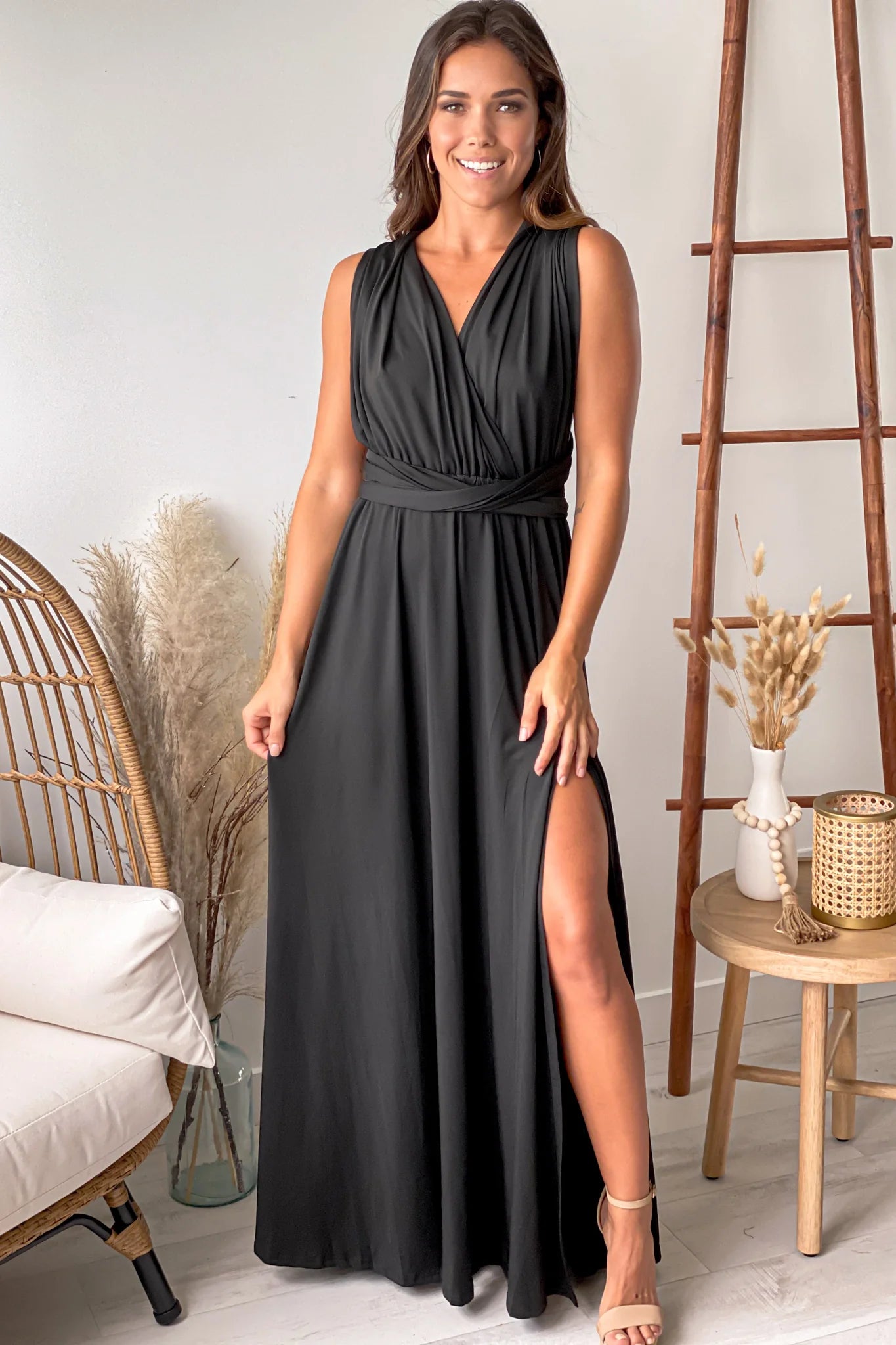 Black Multi Tie Maxi Dress With Slit