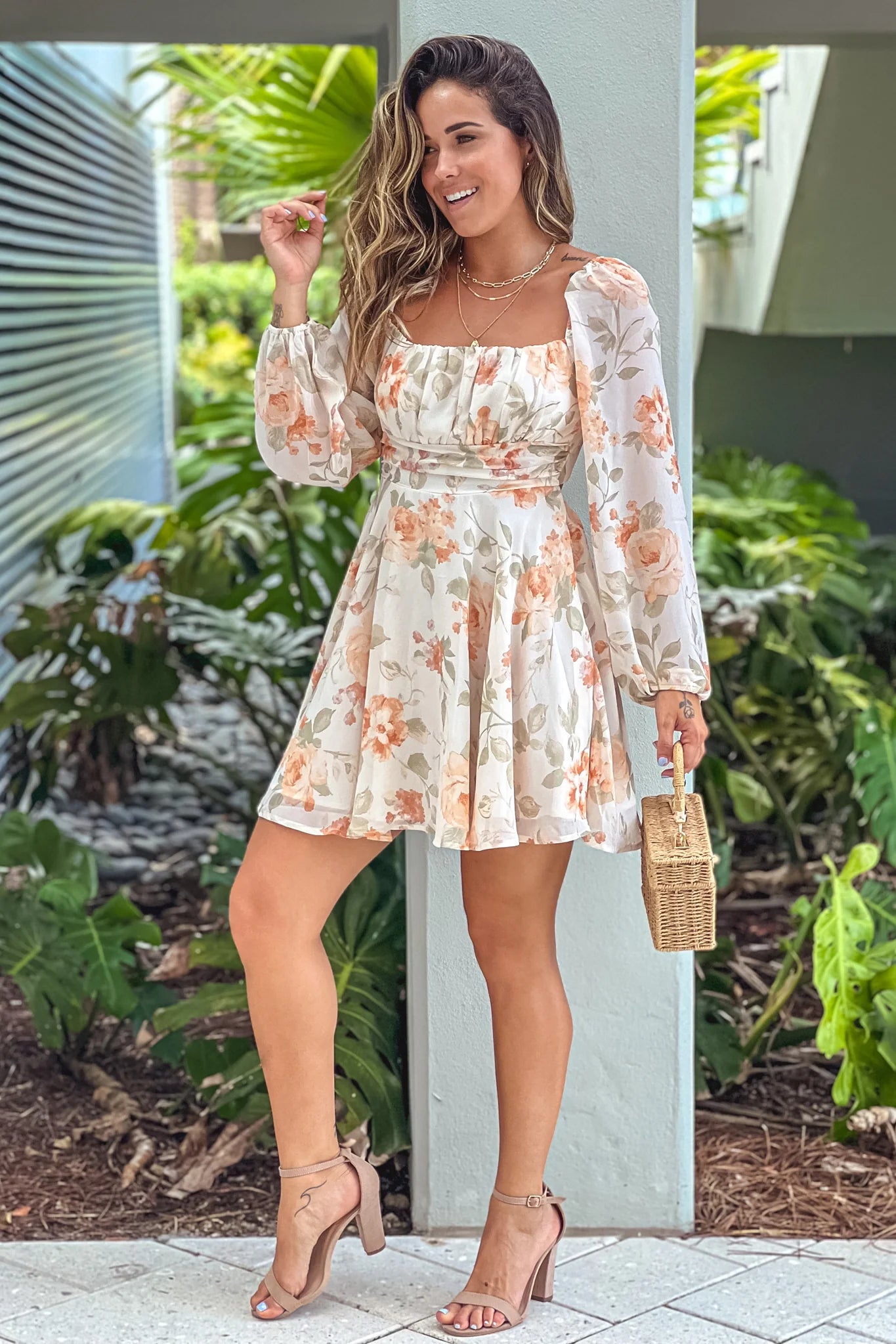 Cream And Coral Floral Short Dress With Tie Back