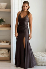 Brown Ruched Maxi Dress With Slit