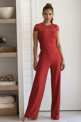 Red Lace Top Short Sleeve Jumpsuit