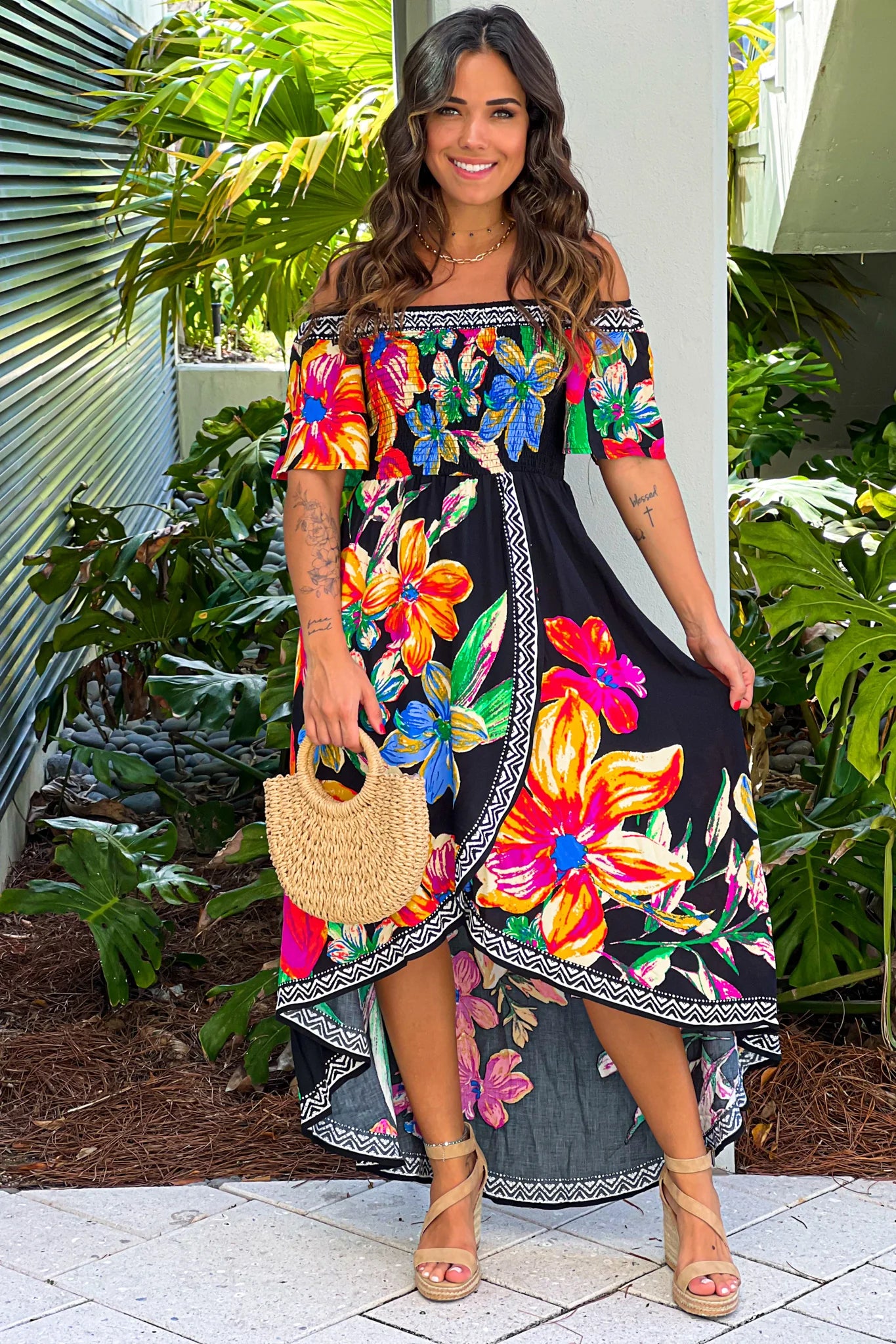 Black Printed Off Shoulder High Low Dress