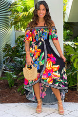 Black Printed Off Shoulder High Low Dress