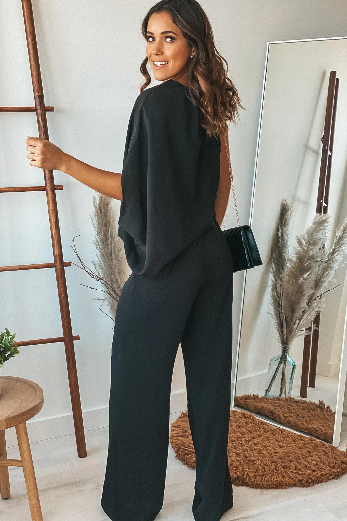 Black One Shoulder 3 4 Sleeve Jumpsuit