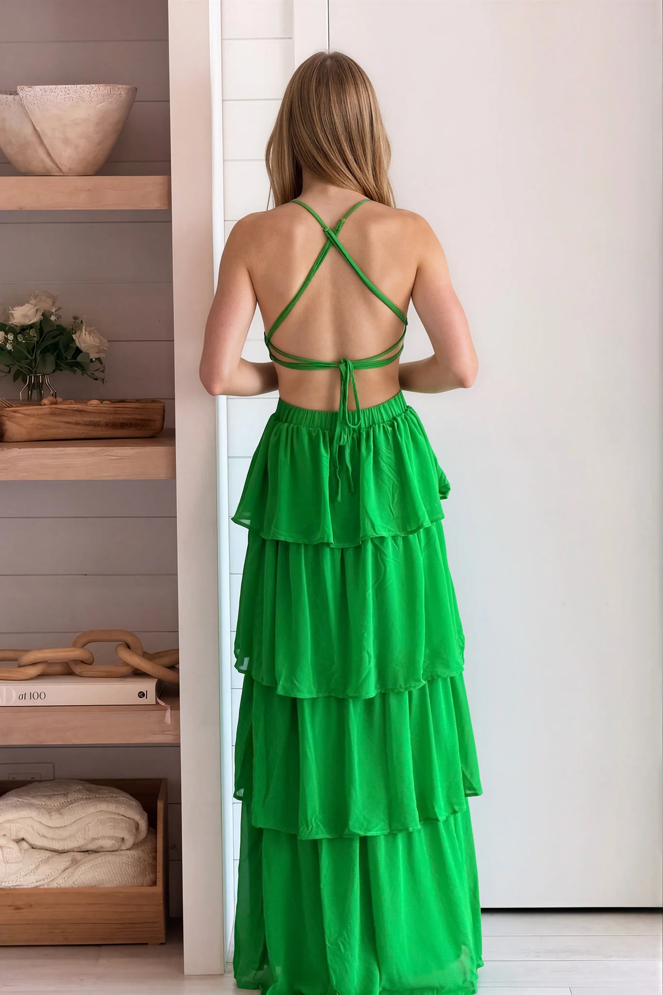 Green Layered Maxi Dress With Cut Outs