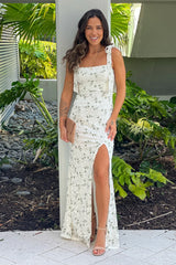Ivory And Green Floral Maxi Dress With Slit
