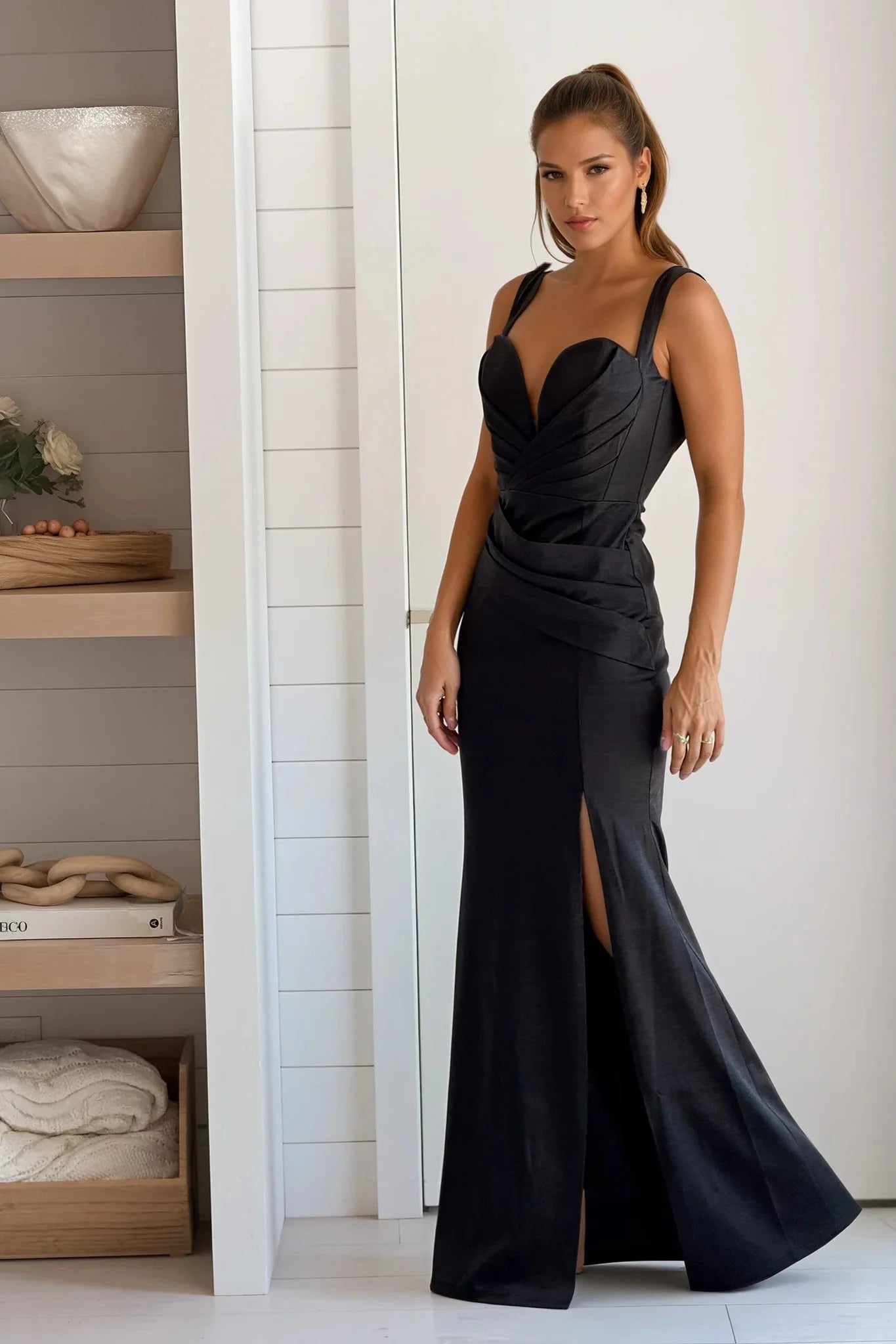 Black Metallic Sweetheart Neck Maxi Dress