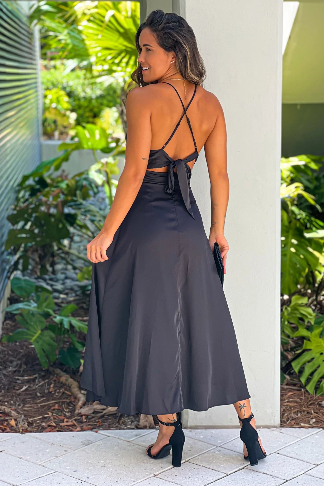 Black Satin High Low Dress With Criss Cross Back
