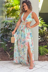 Mint Floral V Neck Maxi Dress With Lace Up Back