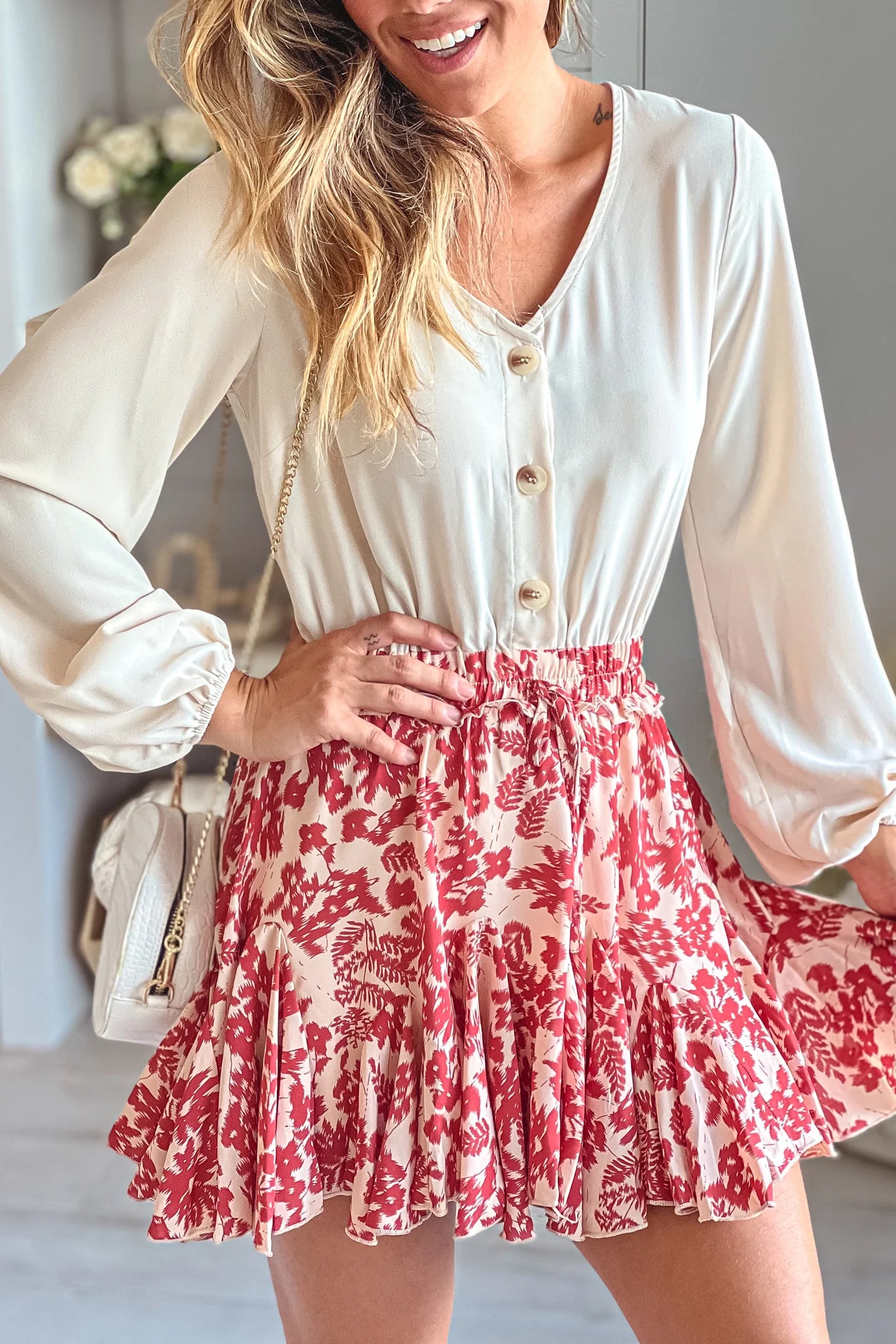 Cream And Cranberry Printed Romper With Long Sleeves
