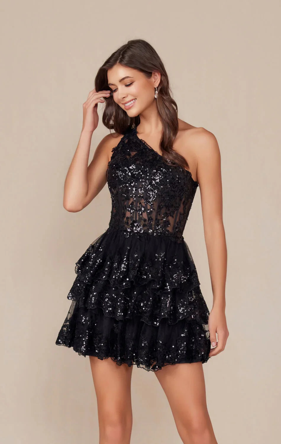 CHRISTIE MINI DRESS BLACK ONE SHOULDER TIERED SHORT DRESS