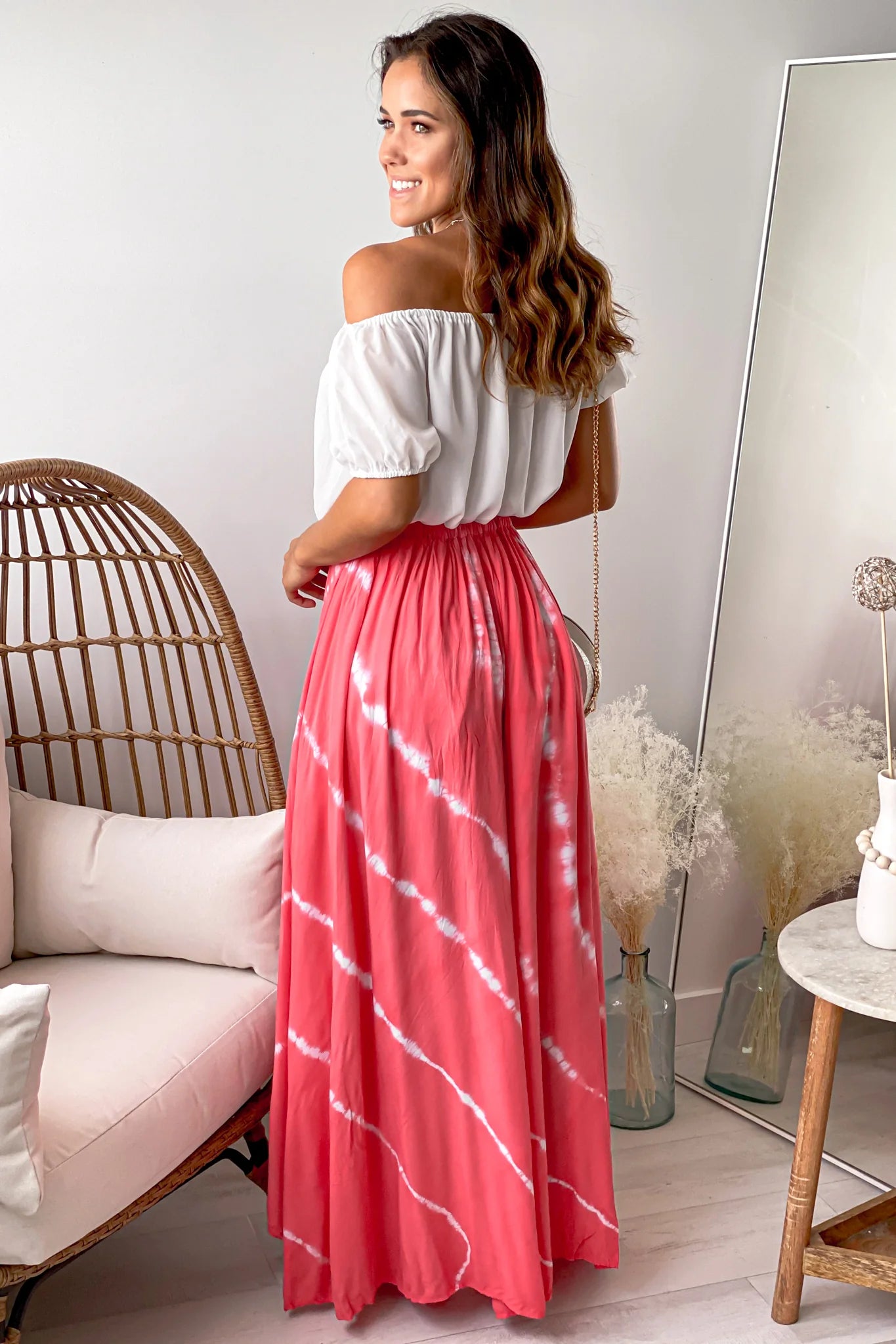 White And Coral Tie Dye High Low Dress