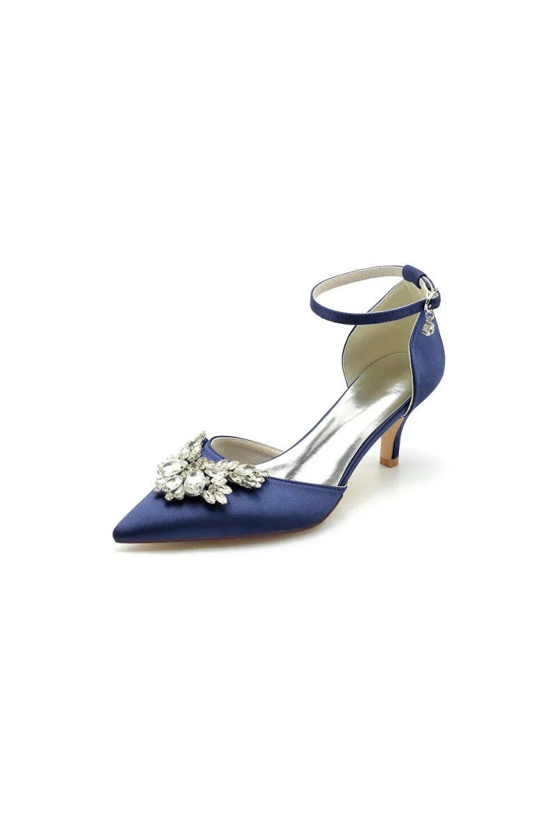 Pointed Toe Satin Kitten Heels With Rhinestone