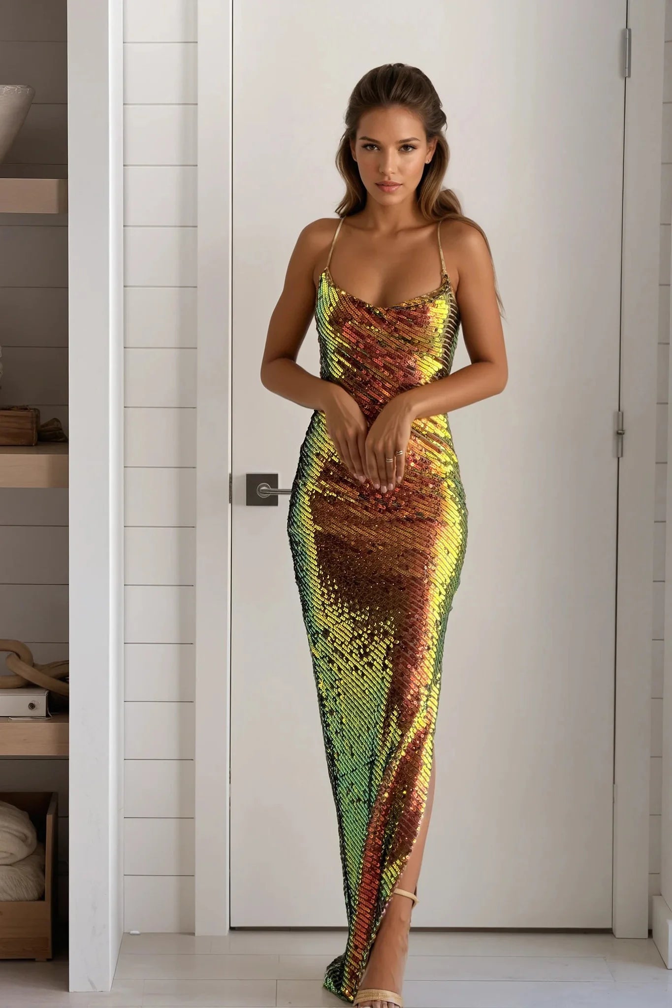 Latte Fluorescent Sequin Maxi Dress