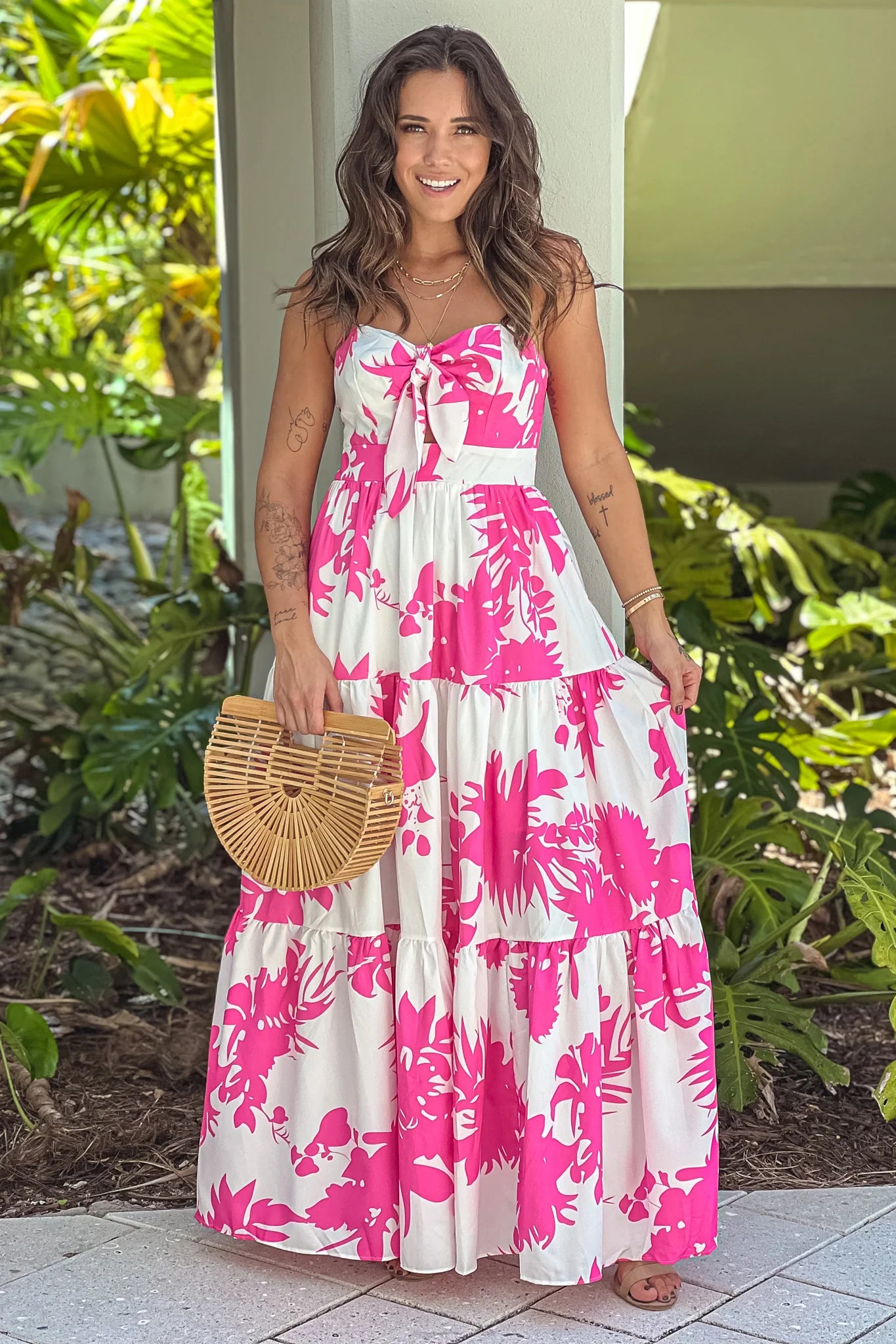 Hot Pink Printed Maxi Dress With Front Knot