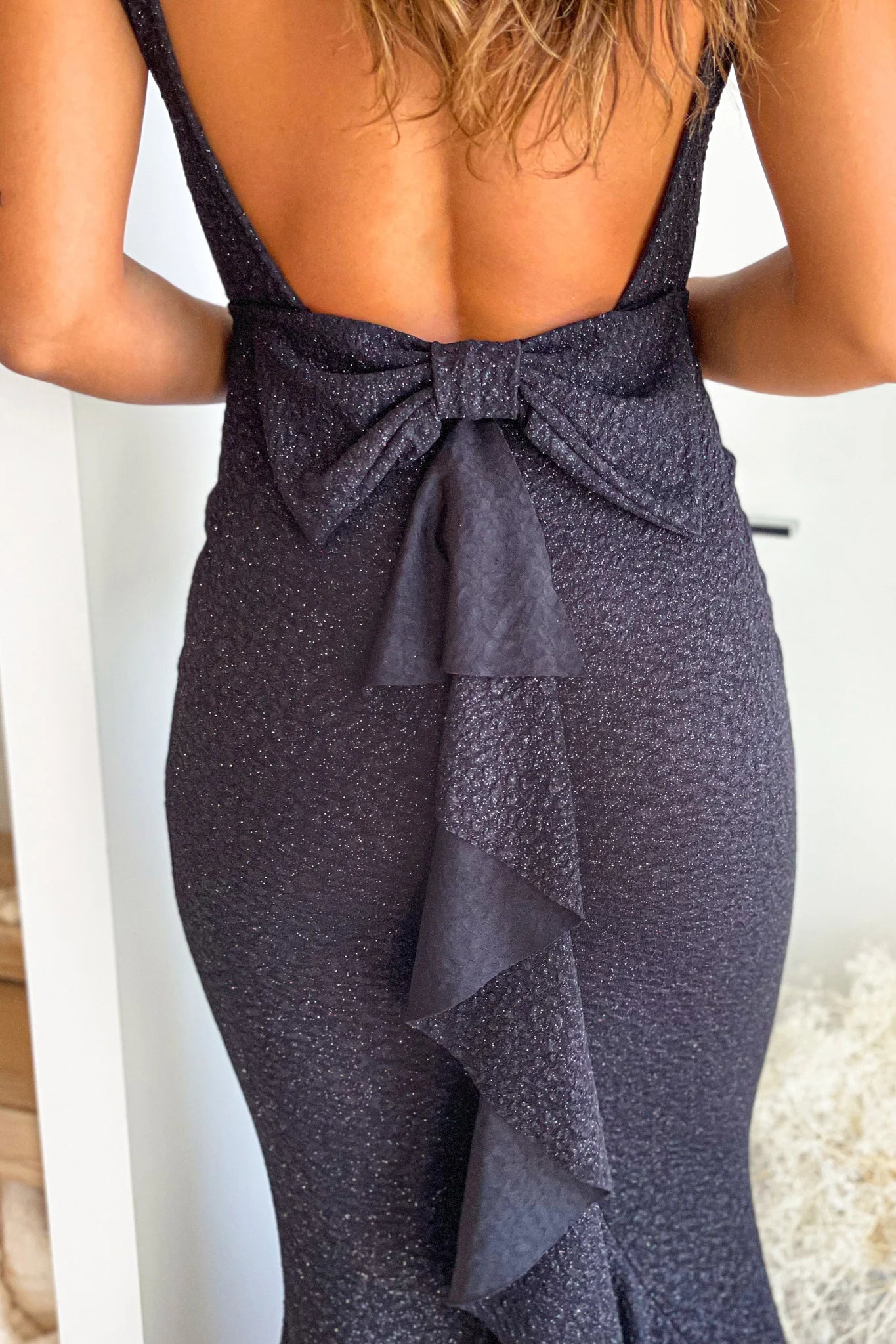 Black Glitter Maxi Dress With Bow Detail