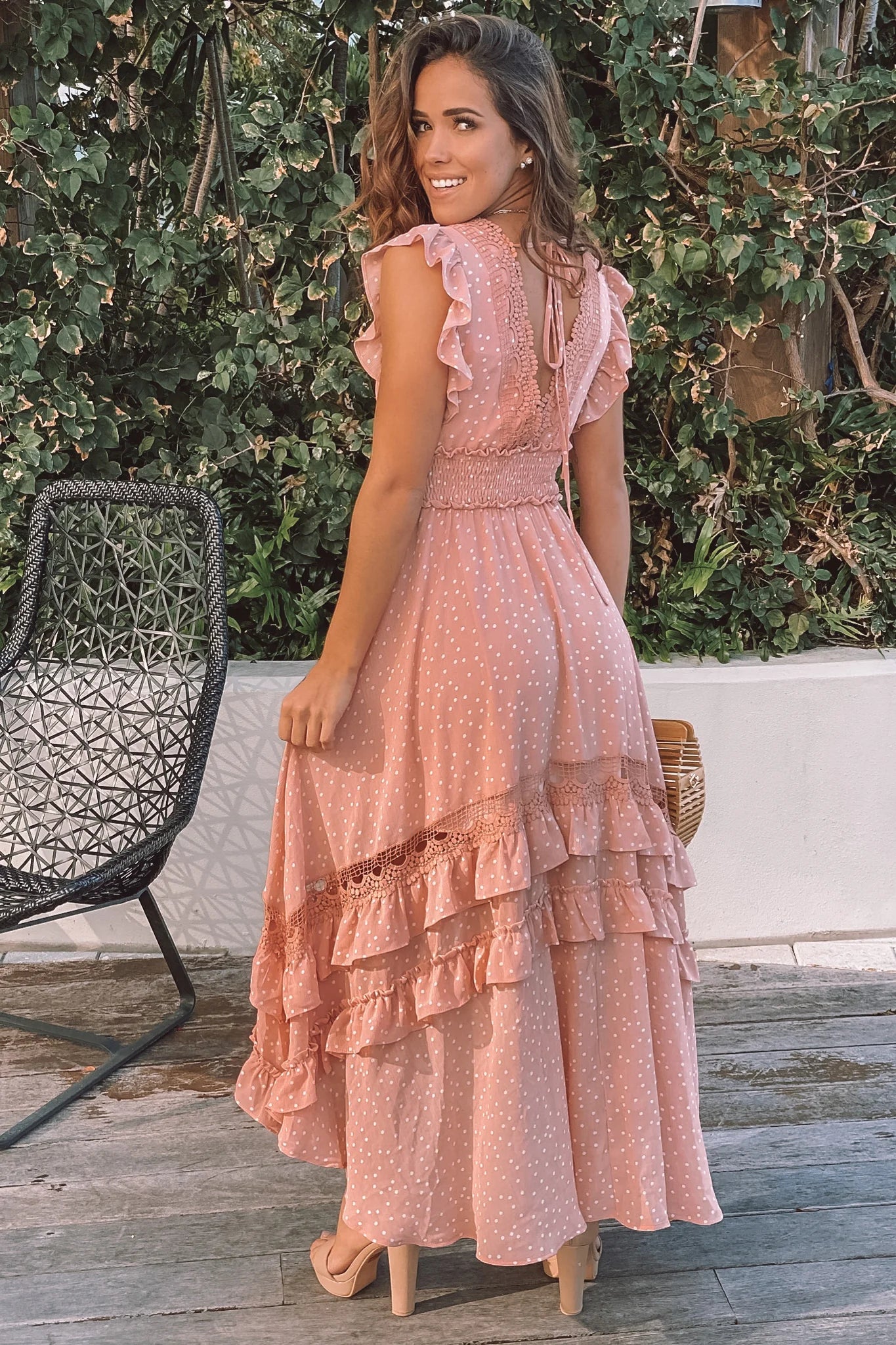Blush Polka Dot High Low Dress with Ruffles