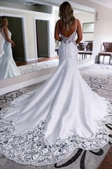 White Mermaid Long Satin Wedding Dress with Appliqued