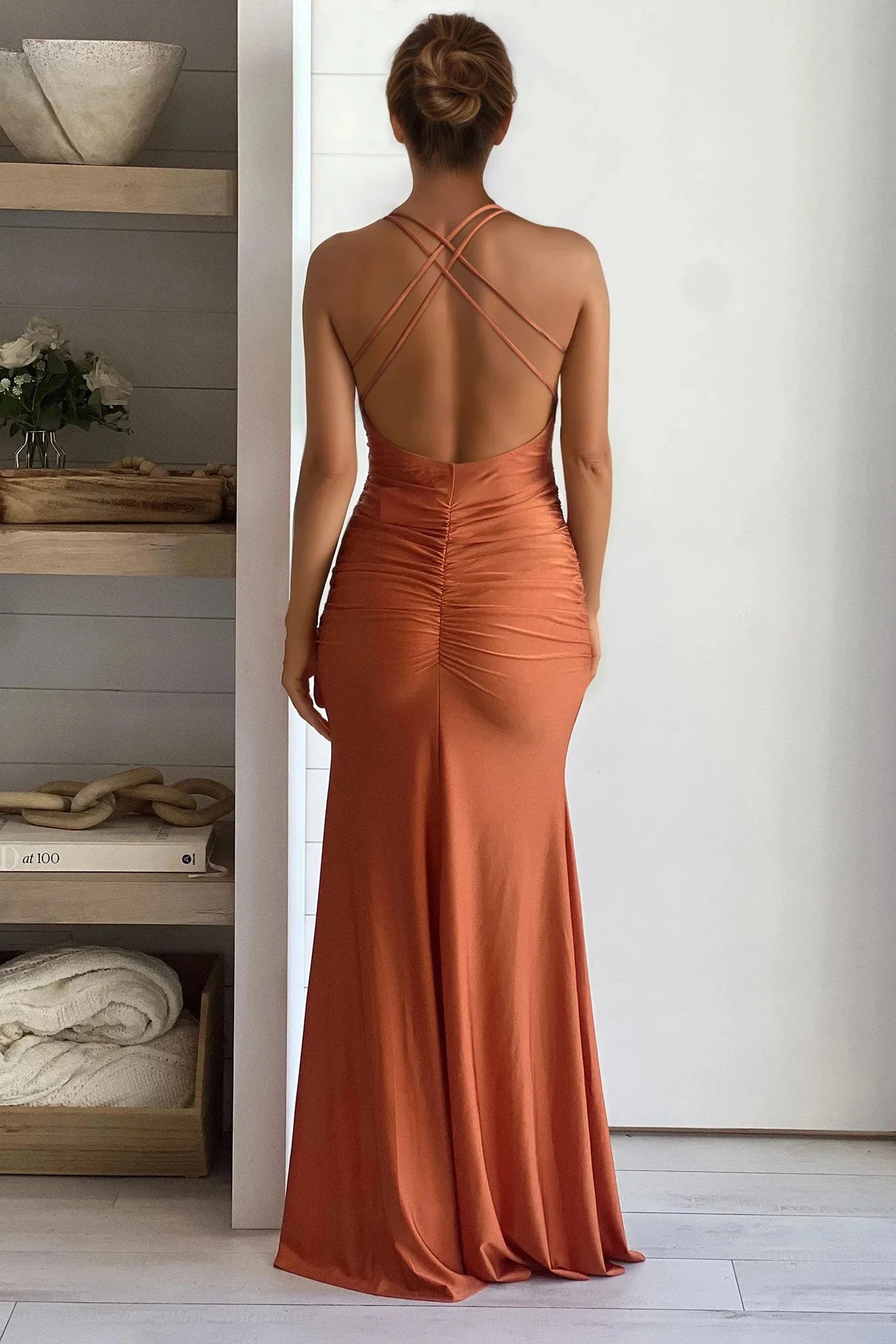Rust Ruched Maxi Dress With Slit