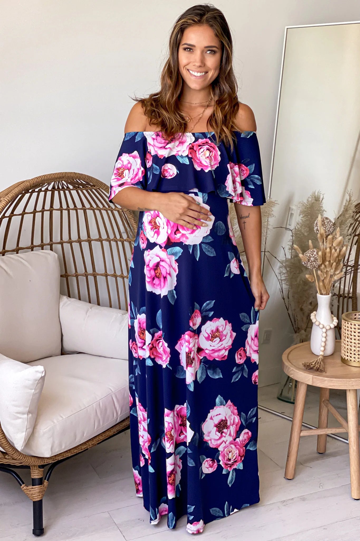 Navy and Pink Floral Off Shoulder Maternity Maxi Dress