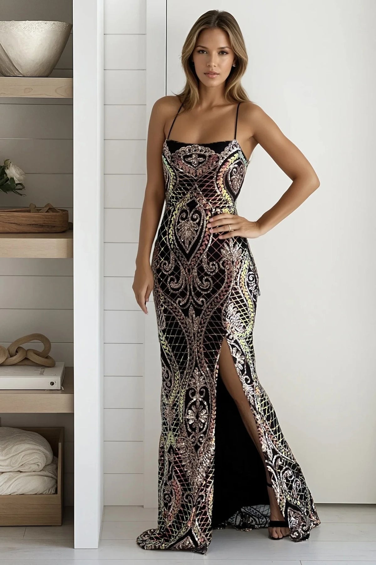 Black Sequined Slit Mermaid Maxi Dress