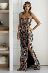 Black Sequined Slit Mermaid Maxi Dress