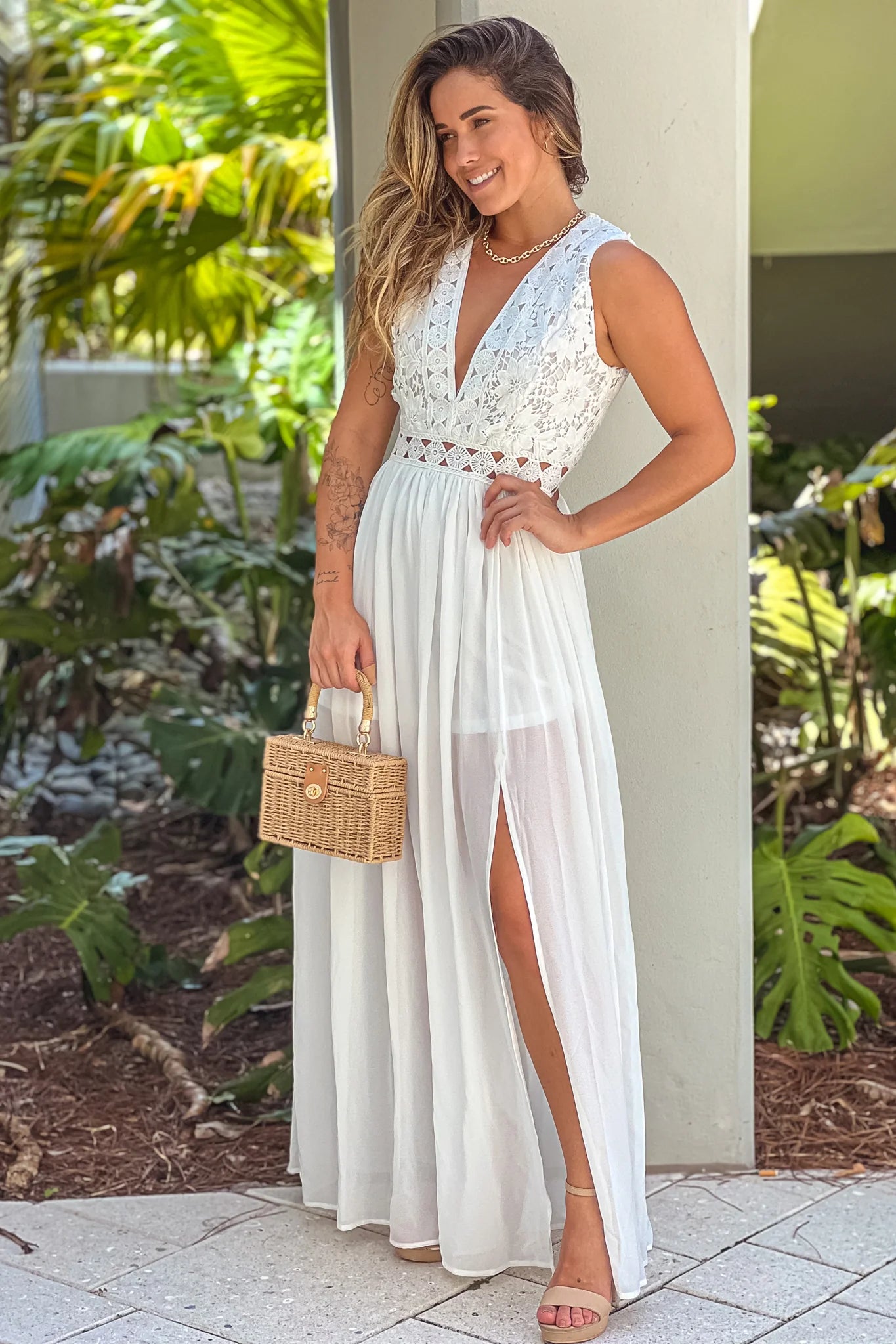 Off White Crochet V Neck Top Maxi Dress With Slit