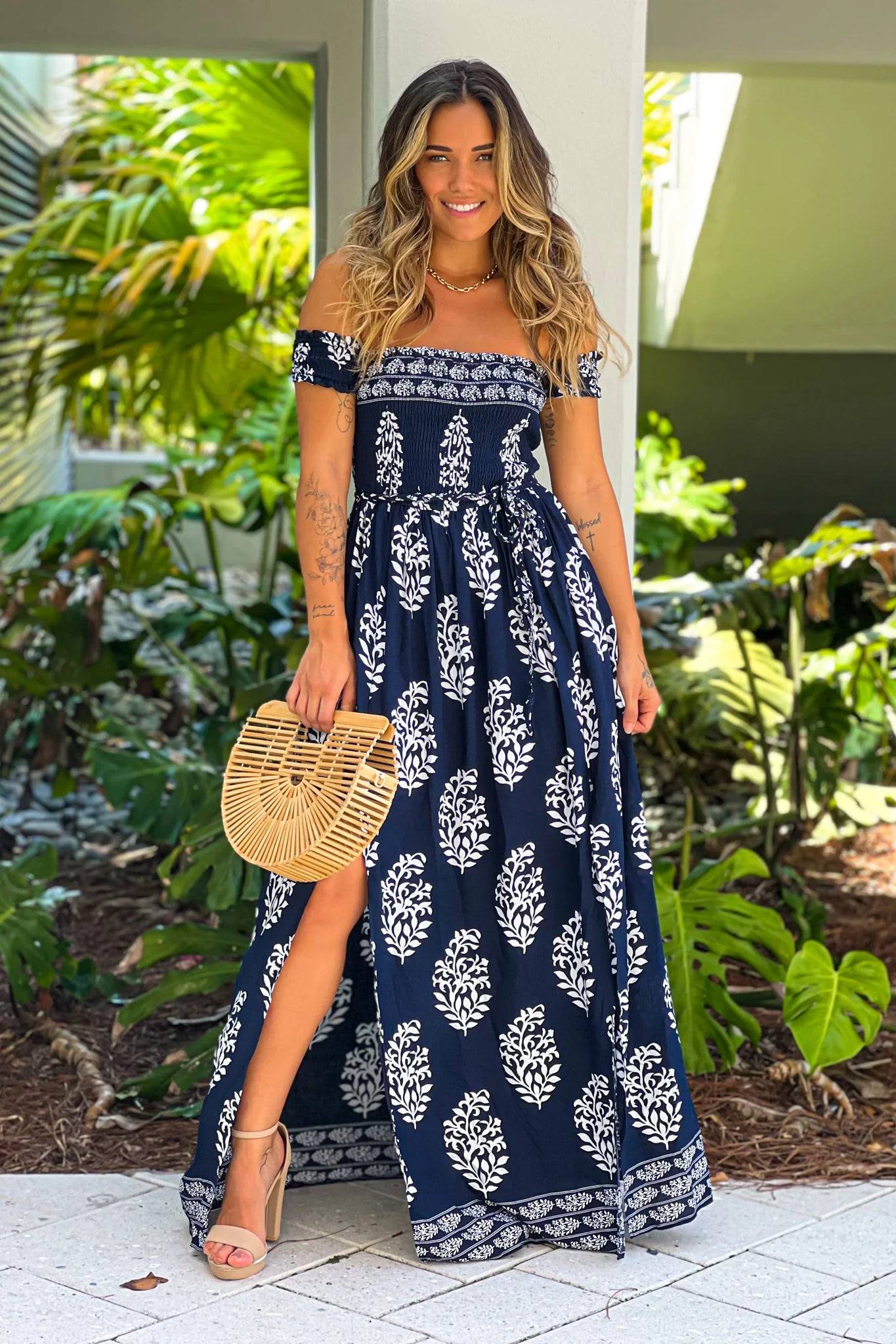 Navy Printed Off Shoulder Maxi Dress With Tie Waist