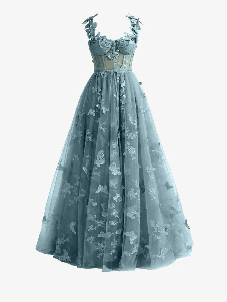 Dusty Blue A line Butterfly Lace Lilac Corset Prom Dress with Slit