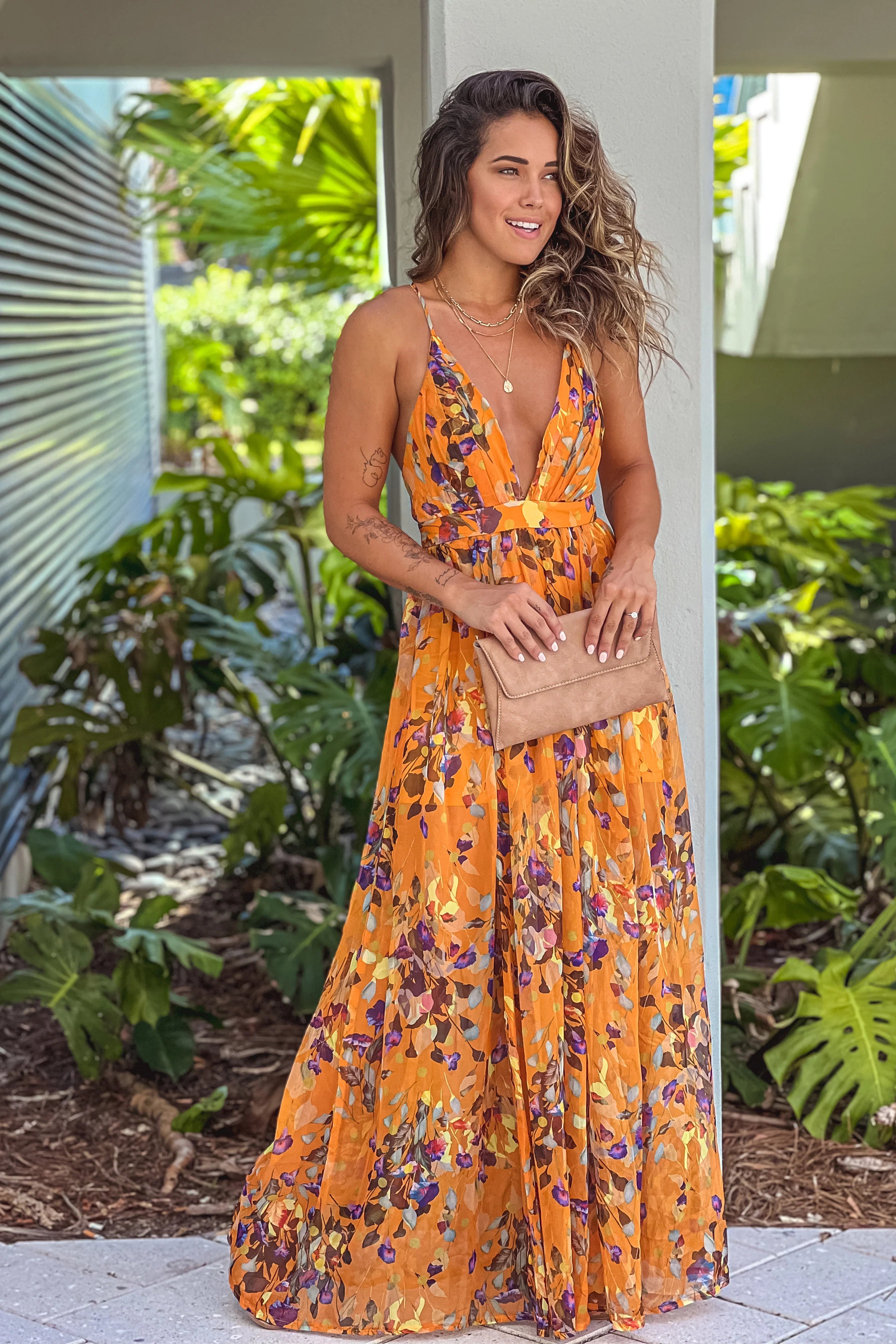 Yellow Floral V Neck Maxi Dress with Criss Cross Back