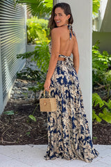 Navy Printed Maxi Dress With Tie Back