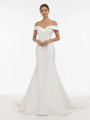 Chic Satin Off the Shoulder Sleeveless Sweep Train Bridal Dress