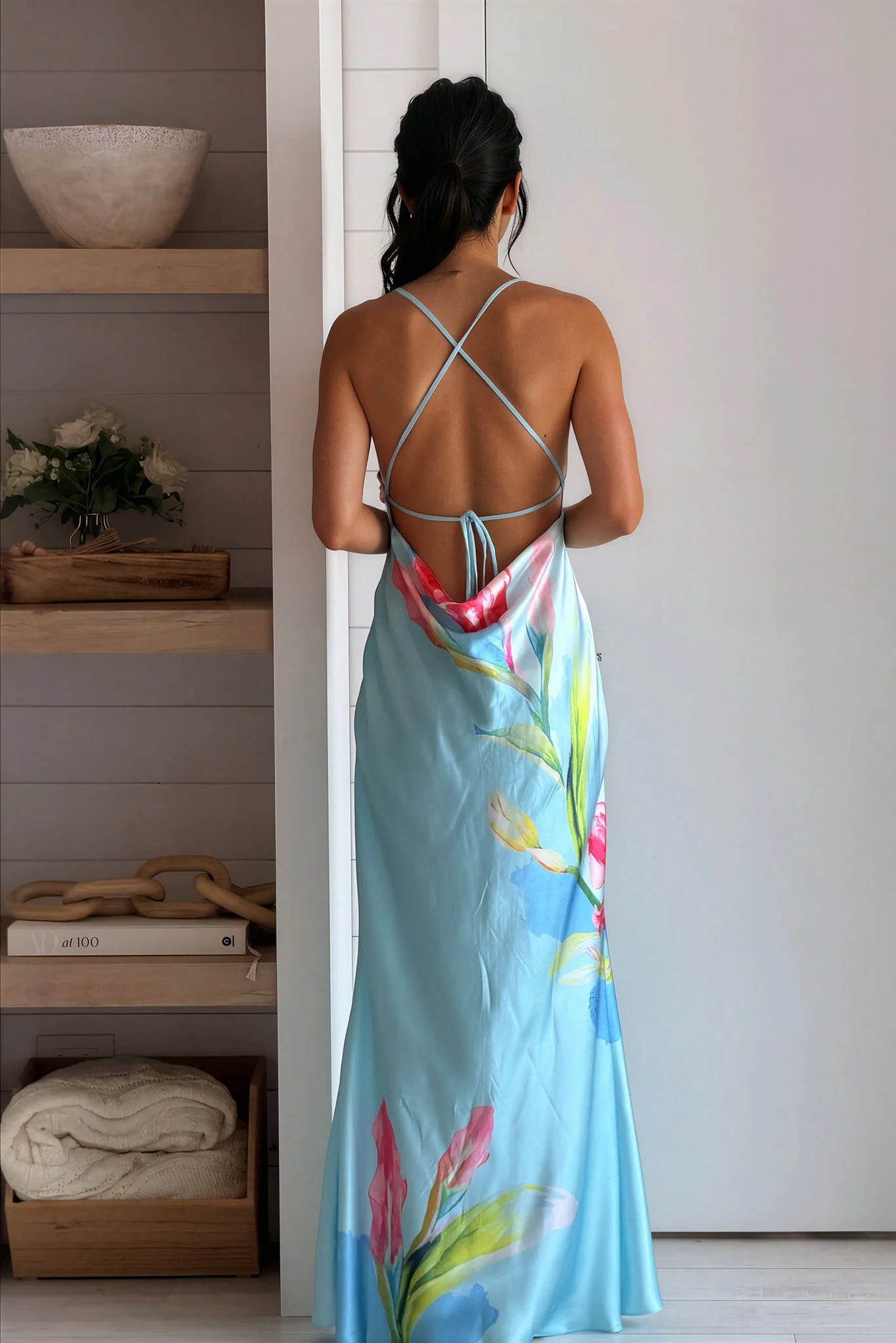 Mint Floral Print Cowl Neck Maxi Dress