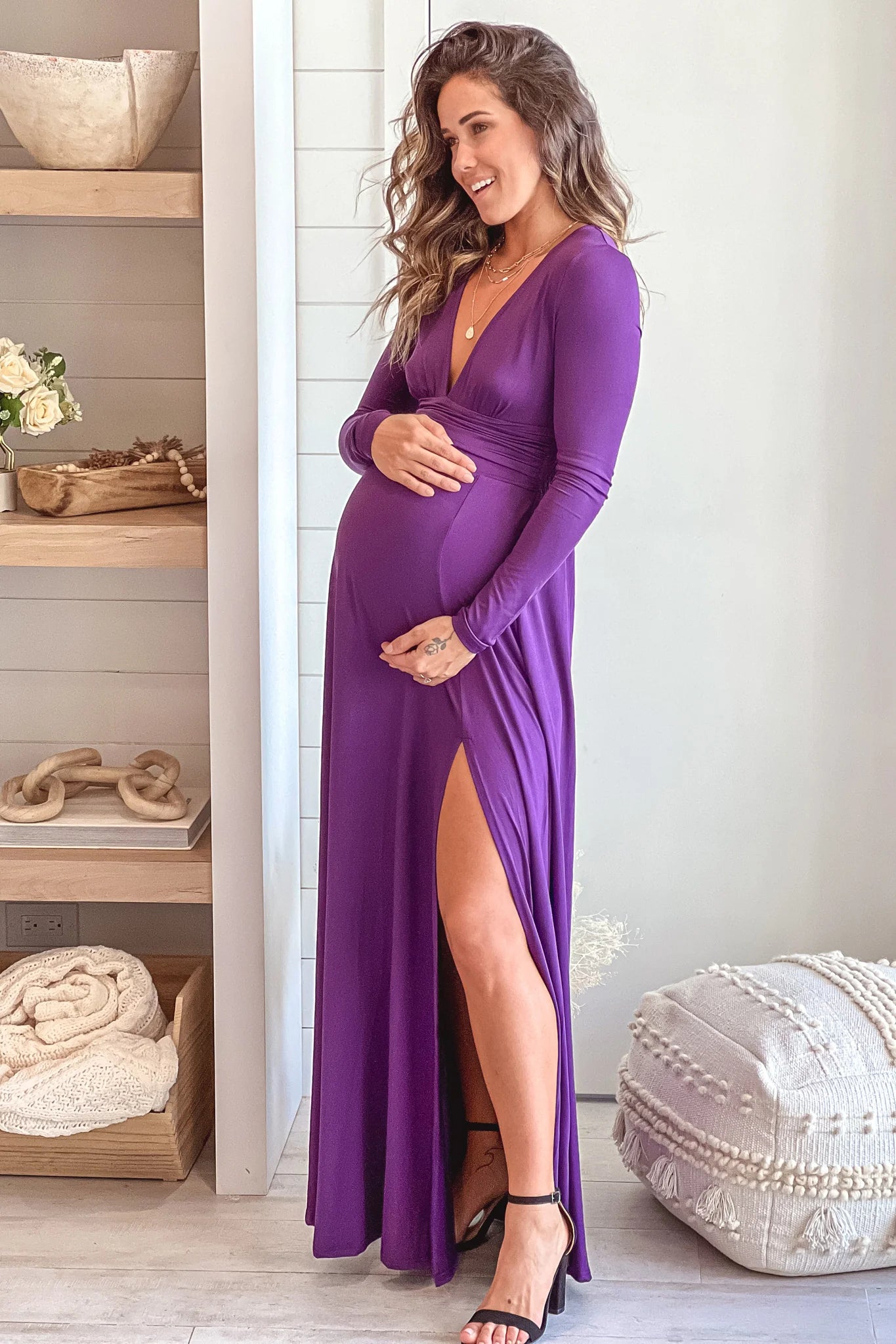 Purple Maternity Maxi Dress with Long Sleeves