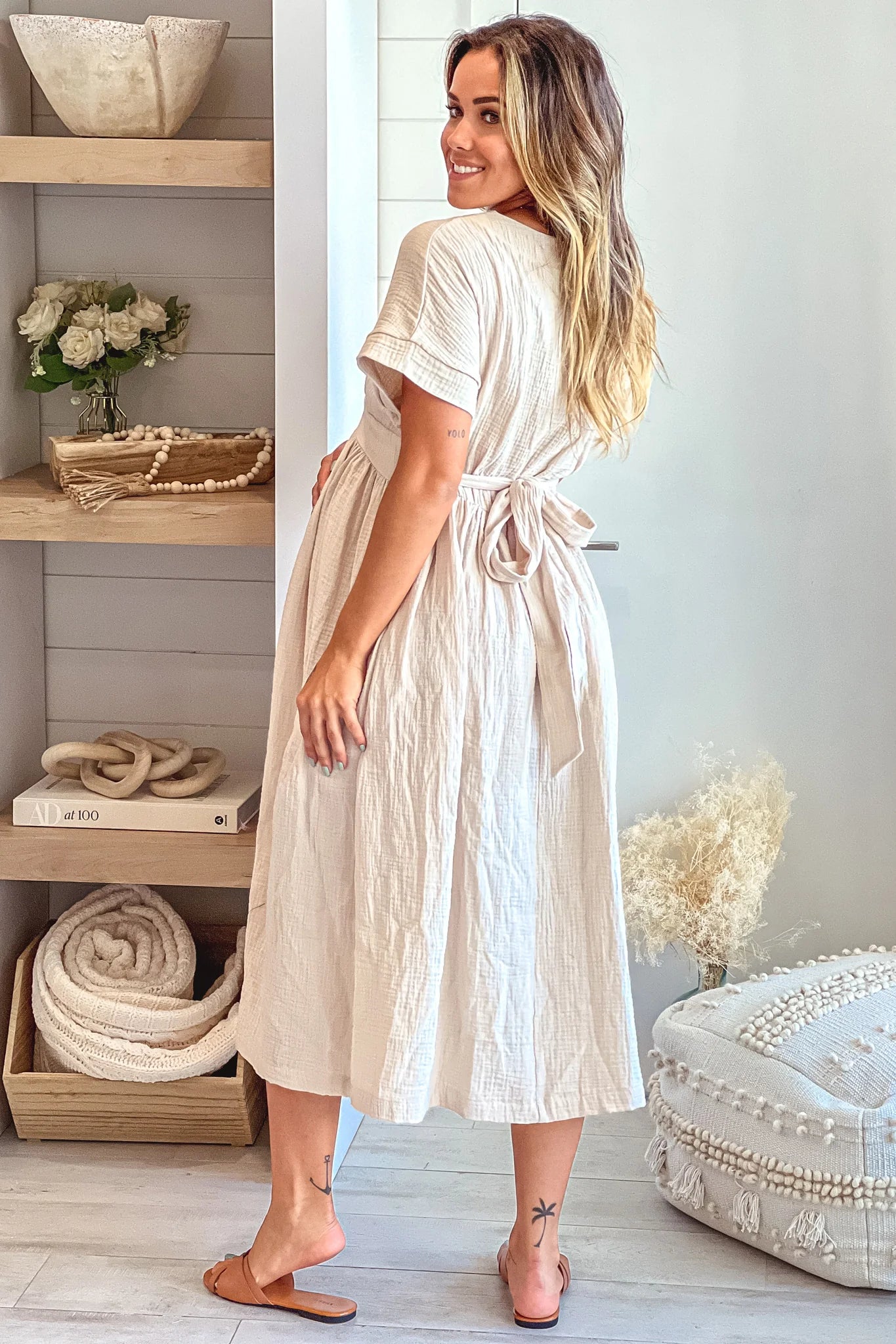 Taupe Maternity Midi Dress with Tie Back